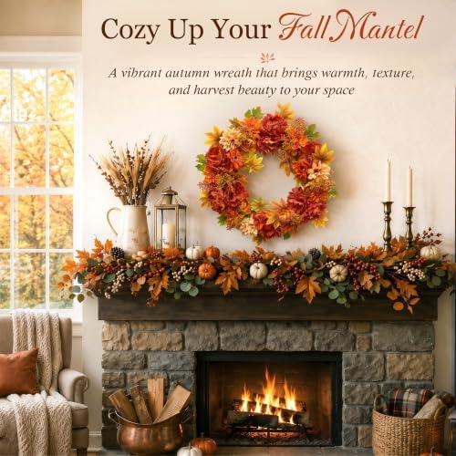 24 Inch Fall Wreaths for Front Door, Autumn Flower Wreath