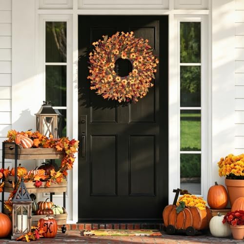 Ghrdopy 24 Inch Fall Wreath Front Door, Artificial Daisy Decor