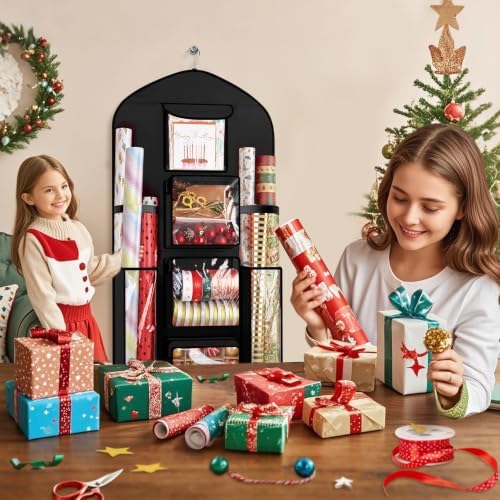 Hanging Wrapping Paper Organizer Storage, Over Door Gift Wrap Storage Bag