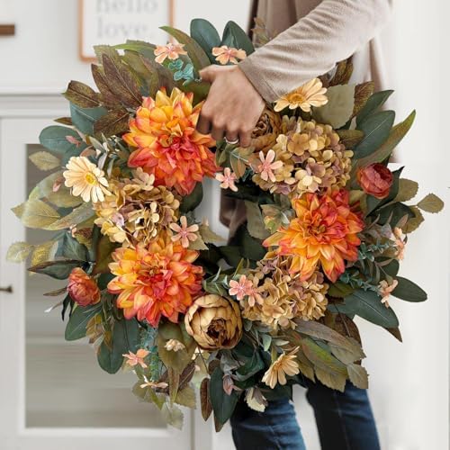 WANNA-CUL 24in Fall Front Door Wreath Dahlia Hydrangea Peony Table Decor