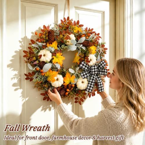 Grooy 24 Inch Fall Wreath for Front Door with Artificial Pumpkin Bow