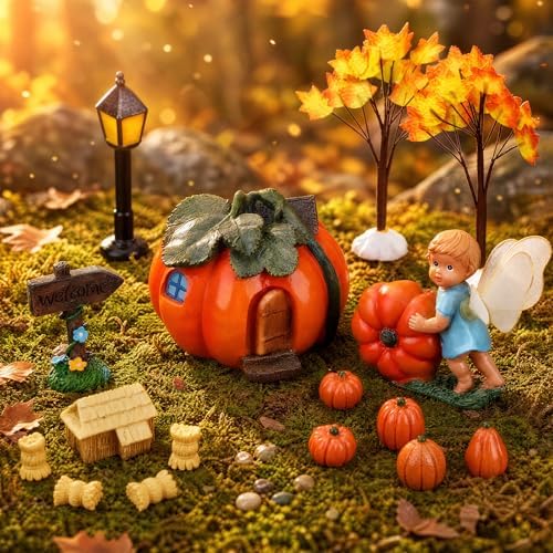 Pinkunn 16 Pcs Fall Fairy Garden Miniature Pumpkin Fairy House Statue