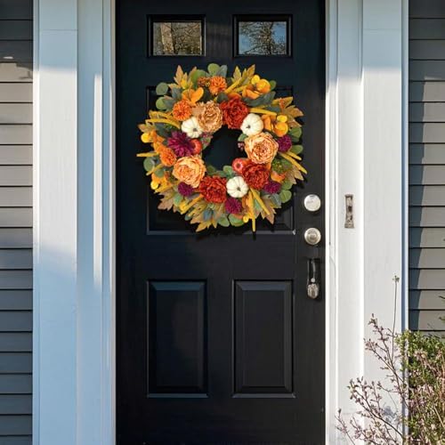 24 Inch Fall Wreaths for Front Door with Orange Peony and Burgundy Dahlias