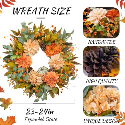 24 Inch Harvest Fall Wreaths for Front Door Outside with Dahlia & Pumpkins