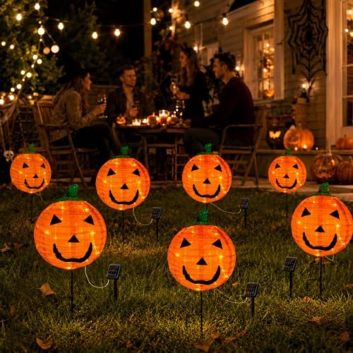 4Pack Solar Halloween Pumpkin Stake Light with 8 Lighting Modes, Fabric Lantern Yard Decor with Metal Stand, Foldable Pumpkin Garden Lights for Lawn, Patio, Pathway, and Halloween Party Decorations