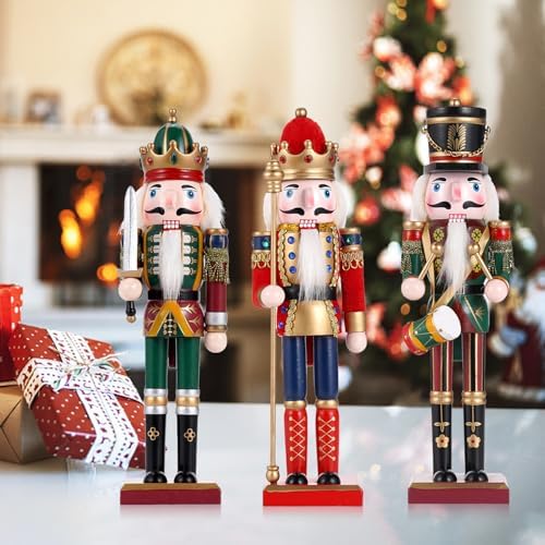 3 Pcs Wooden Christmas Nutcracker Soldier,30CM Traditional Painted Nutcracker Figures,Festive Collectible Christmas party for Home Fireplace Christmas Tree Party Decoration (Drummer&Spear&Swordsmen)