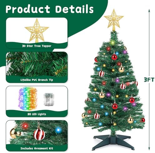 3 FT Small Christmas Tree with Lights, 12 Lighting Modes, Timer&Ornaments, Mini Fake Artificial Xmas Tree for Tabletop, Home, Office, Christmas Decoration Tree Decor