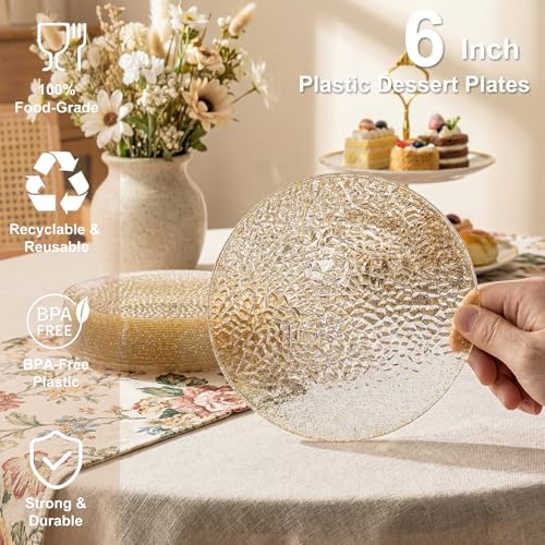 Rubtlamp 200pcs Gold Glitter Plastic Dessert Plates, Hammered 6 Inch Small Plates, Heavy Duty Appetizer Plate with 100 Gold Small Forks, Fancy Cake Snack Plate for Birthday Wedding Teatime