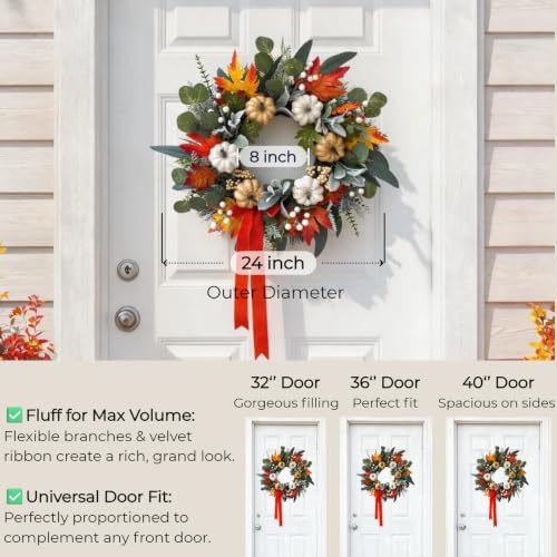 Fall Front Door Wreaths with Ribbon, 24 Inch Pumpkin Autumn Wreath