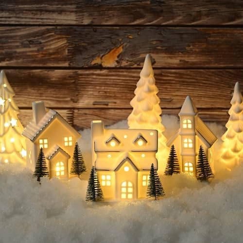 Ceramic White Christmas Village Houses, Light Up Porcelain Village Houses