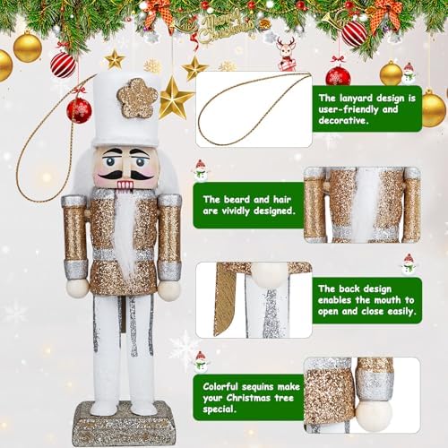10Pcs Nutcracker Christmas Decor Nutcracker Ornaments for Christmas Tree Wooden Nutcracker Hanging Decorations Gold and Silver Nutcracker Soldiers Glittered Nutcracker Figures 5.2” Xmas Ornament Set