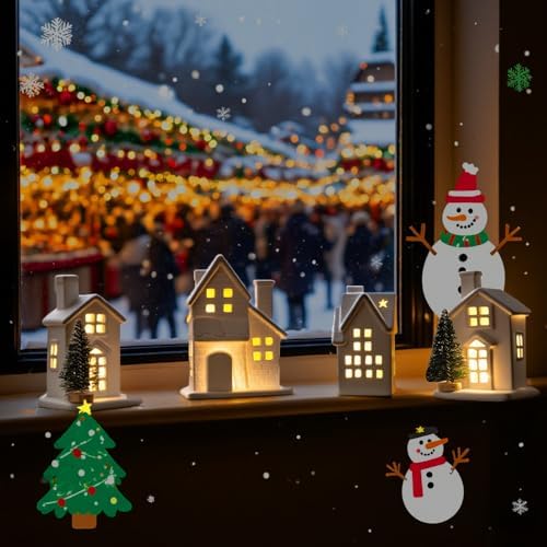 Christmas Village Set 4 Lighted Ceramic Houses and 3 Trees White Christmas Decorations Indoor for Home Table Room