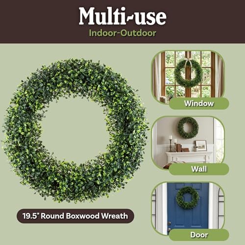 Pure Garden Round Boxwood Wreath for Front Door, Green, 19.5” x 2.5”