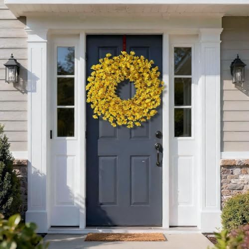 24" Artificial Yellow Forsythia Flower Wreath for Front Door Decor (Yellow)