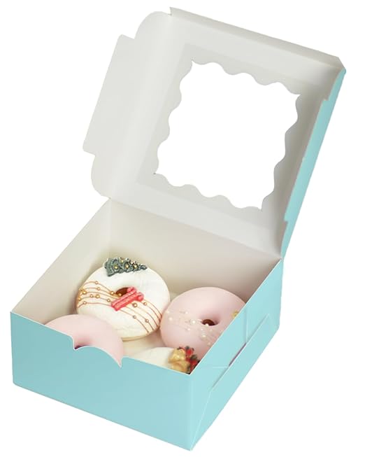 Bakepacker 100pcs Light Blue Cookie Boxes 6x6x3 inches Easy Assemble Macaroon Pastry Boxes Bakery Boxes with Window for Bakery