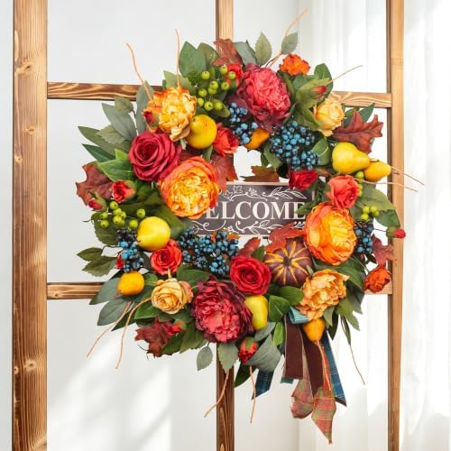 Fall Wreaths for Front Door, 24 in Autumn Harvest Wreath for Thanksgiving