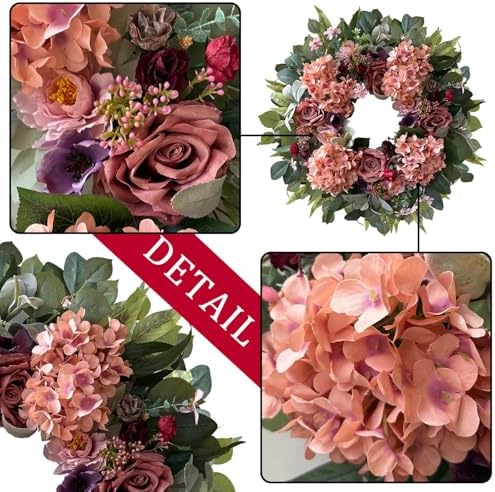 WANNA-CUL 24 Inch Pink Hydrangea Spring Wreath for Front Door