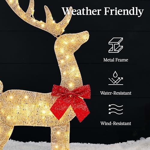 Best Choice Products 4ft Lighted 2D Reindeer & Sleigh Set, Christmas Holiday Deer & Sled Outdoor Yard Decoration w/ 140 LED Lights - Gold