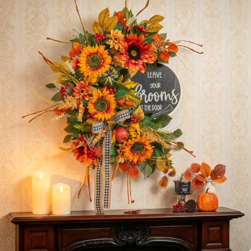 Fall Wreaths for Front Door 24 Inch Outside, Autumn Rustic Sunflower Wreath