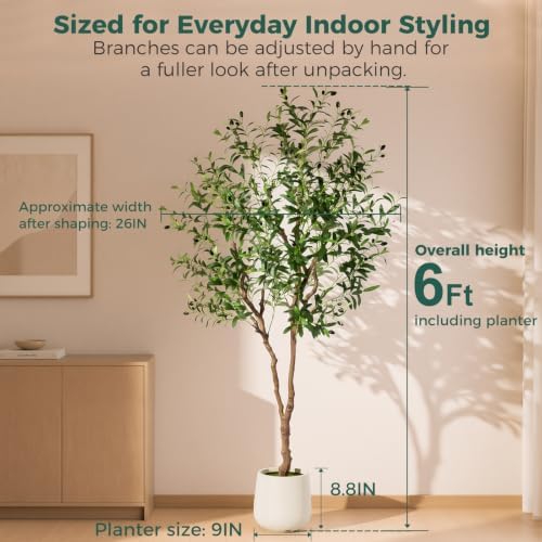 6FT Faux Olive Tree with Decorative Planter, Olive Trees Artificial Indoor with Textured Trunk, Silk Leaves and Olive Fruits, Fake Plants for Living Room, Entryway and Office Decor