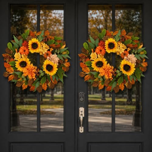 24 Inch Fall Wreaths for Front Door with Pumpkins, Sunflowers & Berries