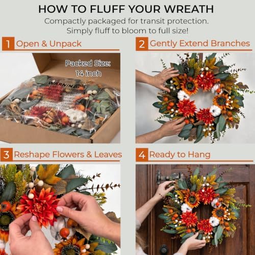 24 Inch Fall Eucalyptus Wreath for Front Door with Dahlia & Sunflower