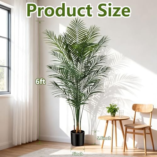 6ft Artificial Palm Tree Indoor, Large Fake Tropical Areca Palm with 18 Trunks, Tall Faux Floor Plants for Indoor Living Rooms Offices Bedroom Home Decor