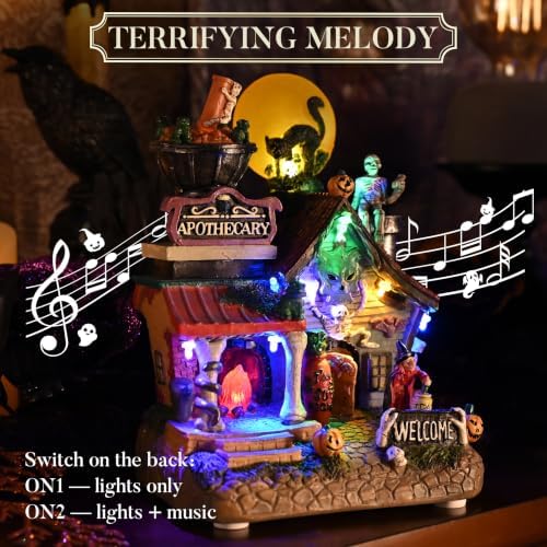 Valery Madelyn Halloween Decorations, Lighted Halloween Village Houses with Music and LED Lights, Resin Haunted House Spooky Town Scary Witch's Potion for Home and Party Table Desk Mantel, 8 Inch