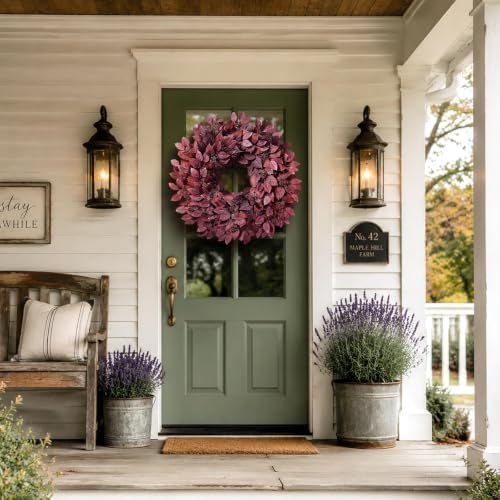 26" Artificial Hibiscus Leaves Fall Wreath for Front Door Decor(Autumn Red)