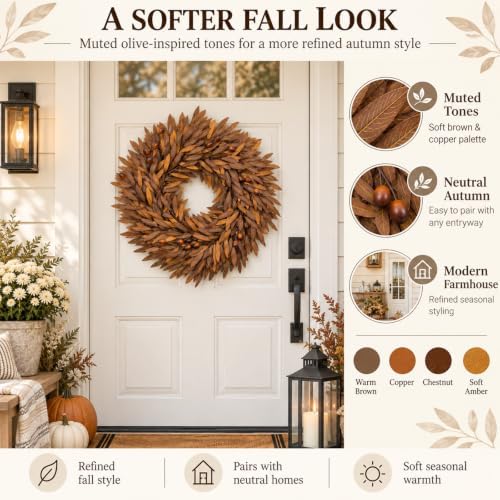 24 Inch Fall Wreaths for Front Door, Artificial Autumn Olive Branch Wreath