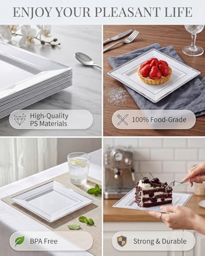 bUCLA 100PCS White and Silver Square Plastic Plates - 6inch Disposable Dessert Plates - Suitable for Weddings, Parties, Christmas