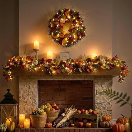 Valery Madelyn 24'' Collapsible Pre-Lit Fruits Fall Wreath for Front Door