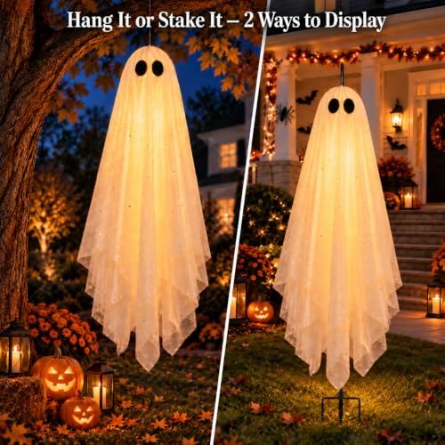 Large 4ft Pre-Assembled Hanging Ghost Halloween Decorations with Warm Glow,Gh...