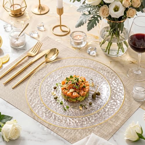 Rubtlamp 60Pcs Clear Plastic Plates,Clear Disposable Plates With Gold Rim,Heavy-duty Gold Plates,Hammered Party Plates Include 30Clear Dessert-Platos,30Dinner-Platos for Wedding, Party