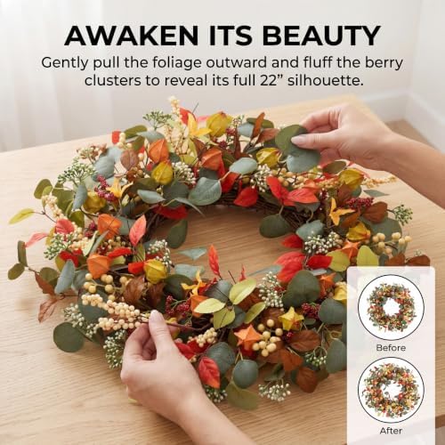 Fall Eucalyptus Lantern pods Wreath 22 Inch Front Door Decor