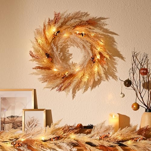 DecorbyHannah 24'' Neutral Fall Pampas Wreath with Lights for Front Door