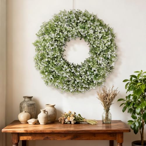 26" Large Artificial Boxwood Wreath for Front Door Decoration (White-Green)