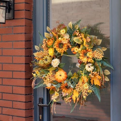 24 Inch Fall Wreaths for Front Door Outside with Sunflowers,Pumpkins,Leaves