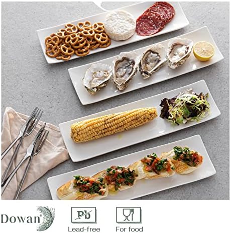 DOWAN 14" Sushi Plate Set of 4 - Long Rectangle Plates and Cracker Trays for Serving - White Ceramic Platters for Party and Entertaining - Dishwasher & Oven Safe