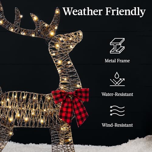Best Choice Products 4ft Lighted 2D Reindeer & Sleigh Set, Christmas Holiday Deer & Sled Outdoor Yard Decoration w/ 140 LED Lights - Rattan
