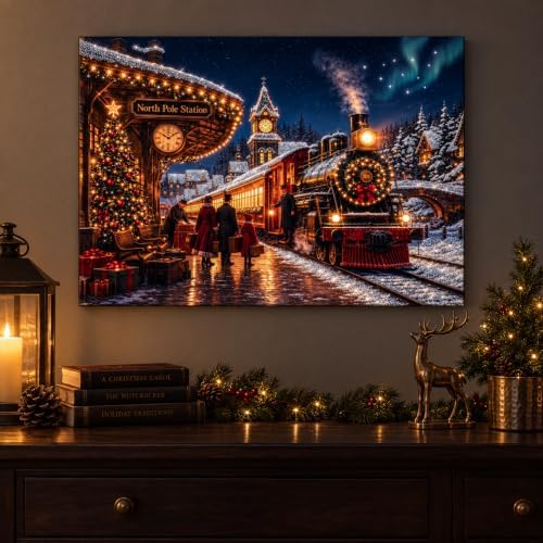 christmas lighted canvas wall art, north pole train shown in use