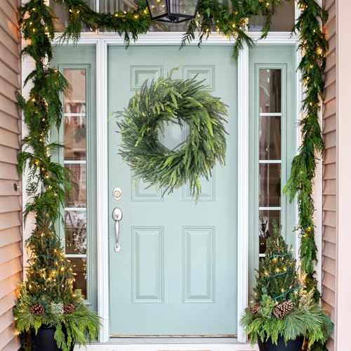 24 Inch Real Touch Norfolk Pine Christmas Wreath for Front Door Outside