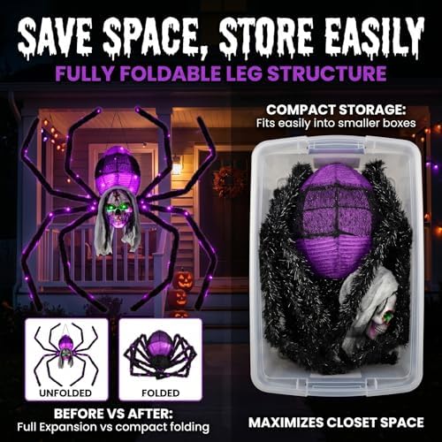 52" Halloween Giant Skull Face Spider, Lighted Outdoor Decoration with Flashing Red & Green Eyes, 70 LED Glowing Spider for Yard, Lawn, Porch, Haunted House Decor (52" Wall-Mounted)