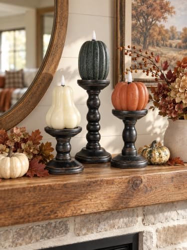 Romadedi Solid Wood Pillar Candle Holder, Black, Set of 3, 8.3/5.9/3.9-in
