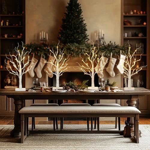 PABIPABI Lighted Birch Tree, Christmas Tree with 24 LED Lights, Tabletop Centerpiece Artificial Tree Lights with Timer for Home Office Bedroom Wedding - Set of 4