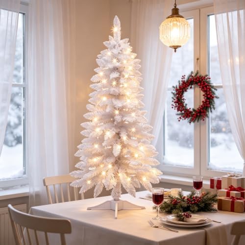 Juegoal 4 FT Pre-lit White Christmas Tree, Lighted Artificial Pine Tree, Pencil Pine Tree with Warm White Lights, 8 Lighting Mode, Battery Powered & Timer for Xmas Holiday Winter Home Party Decor