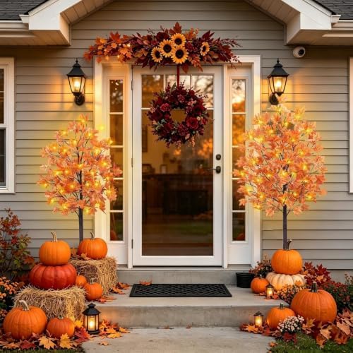 3Pcs Fall Trees Maple Tree with Lights 4Ft/5Ft/6Ft - Remote Control&Timer