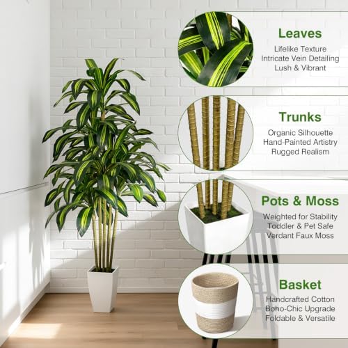 Artificial Dracaena Tree 5FT Tall Fake Plant with Planter&Basket