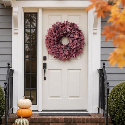 26" Artificial Hibiscus Leaves Fall Wreath for Front Door Decor(Autumn Red)