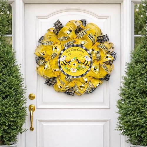 Spring Wreath, Luxury Handmade - Bee Our Guest” Front Door Decor, 24 or 28 Inch